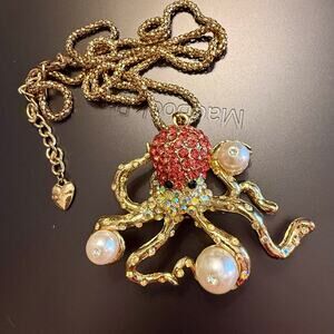 Betsey Johnson Pink Rhinestone Faux Pearl Octopus Necklace